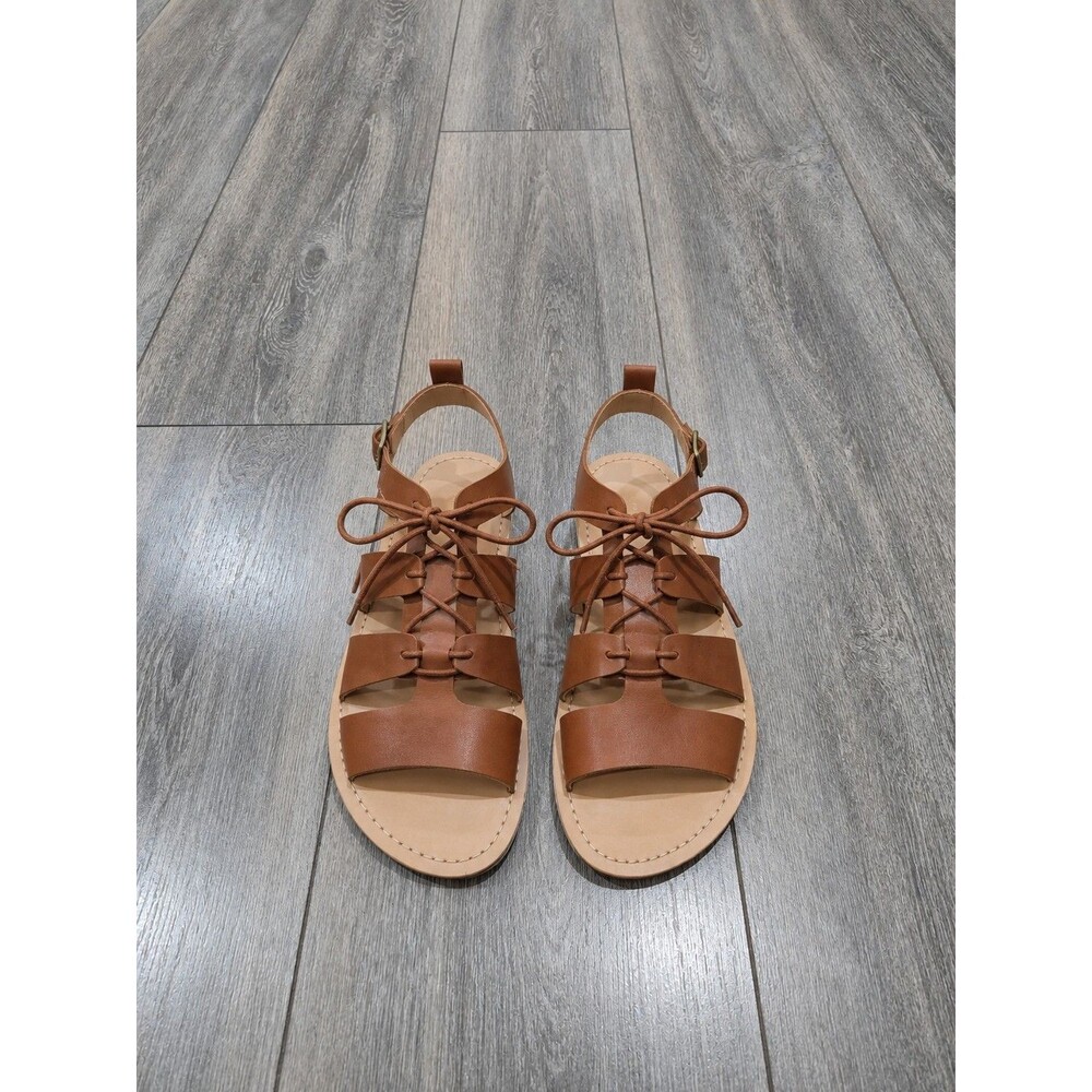 Wild Diva Womens 6 Brown Lace Up Gladiator Sandals Boho Caged Cutout Flat
